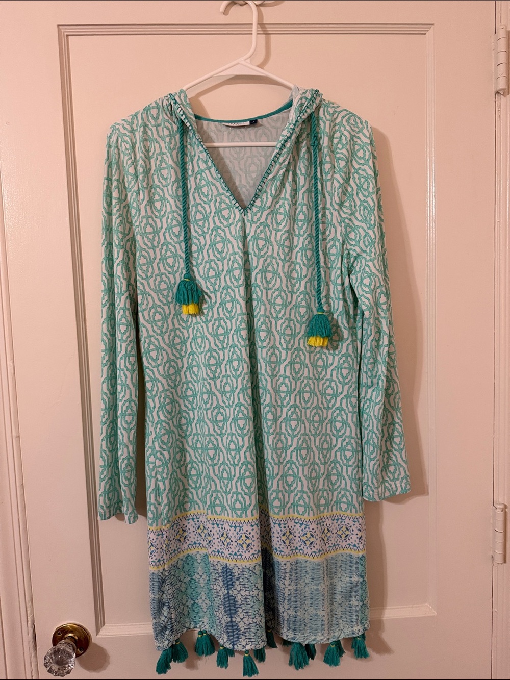 Cabana Life Mint Patterned Hooded Longline Coverup with Tassels
